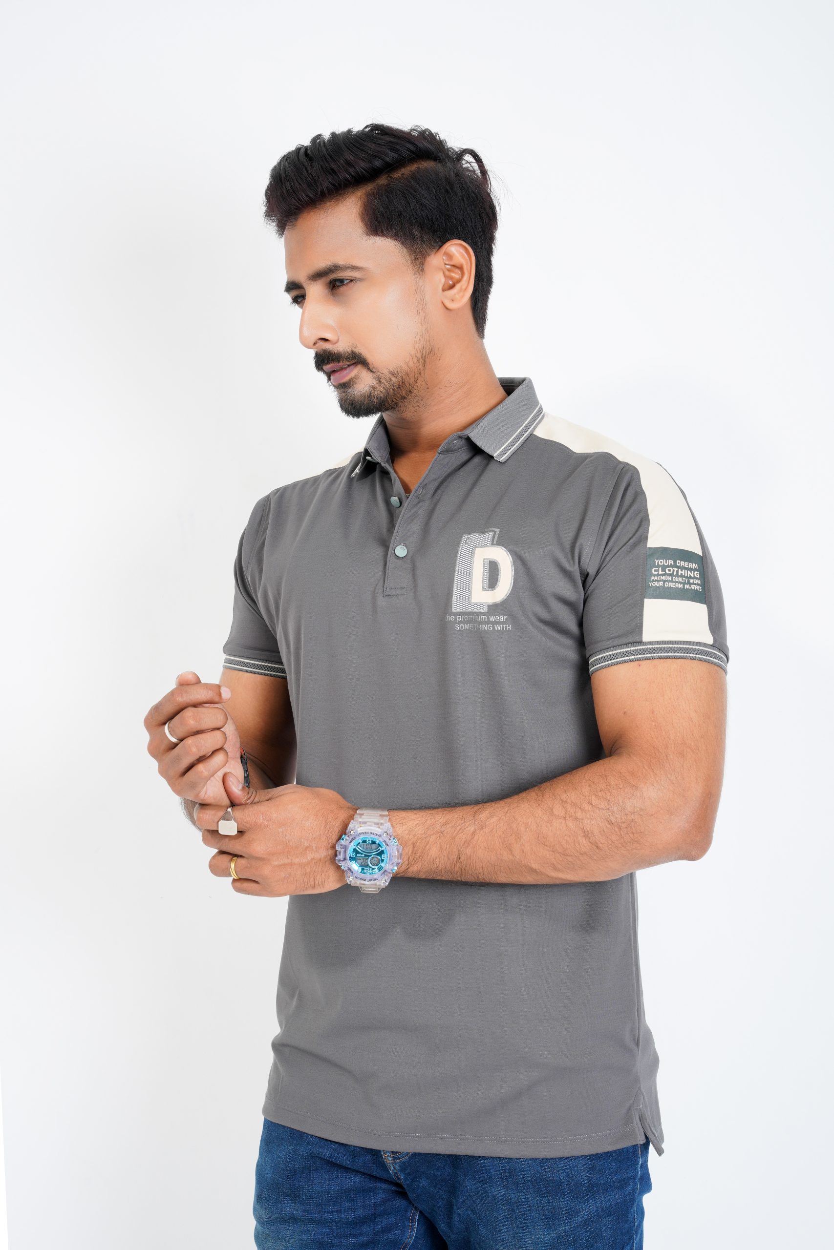 Shoulder Design Polo - Grey - Image 2